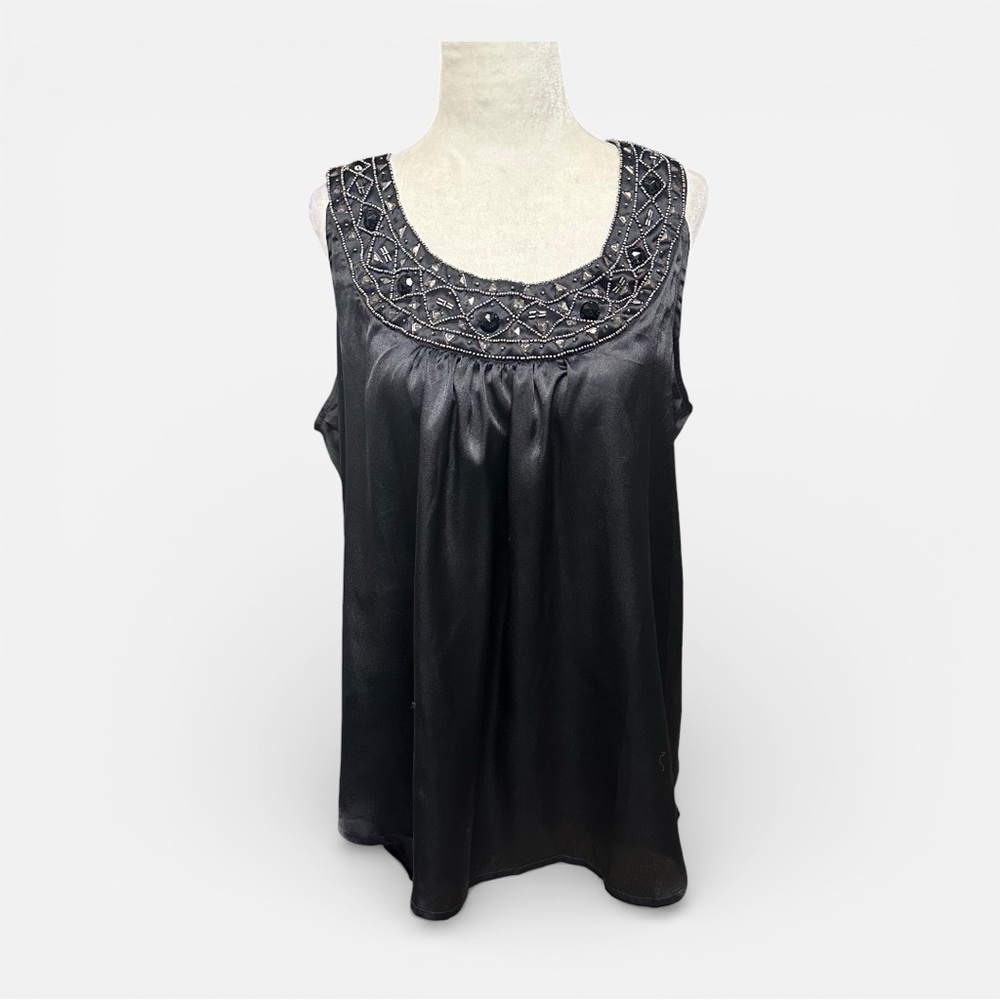 Warehouse One Black Satin Beaded Sleeveless Blouse XL